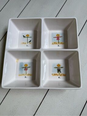 Square Ceramic Divided Snack Dish with Pumpkin Scarecrow Motif